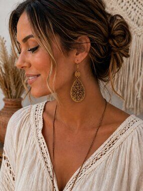 Boho Wood Teardrop Earrings Laser Cut Floral Mandala Dangle 3.75"